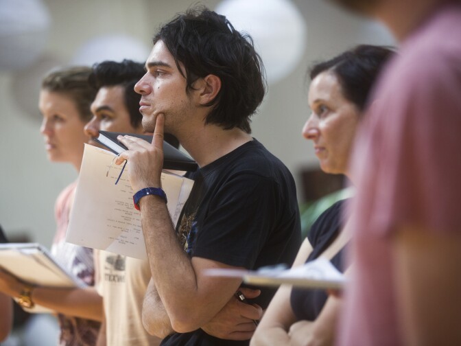 Morgan Krantz listens during the final day of Joan Scheckel's three-day lab on Sunday, May 3, 2015 at Scheckel's Hollywood studio called "The Space."
