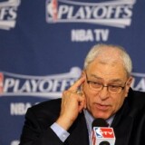 Head coach Phil Jackson of the Los Angeles Lakers during a press conference after a loss against the Dallas Mavericks in Game Four of the Western Conference Semifinals during the 2011 NBA Playoffs on May 8, 2011 at American Airlines Center in Dallas, Texas.