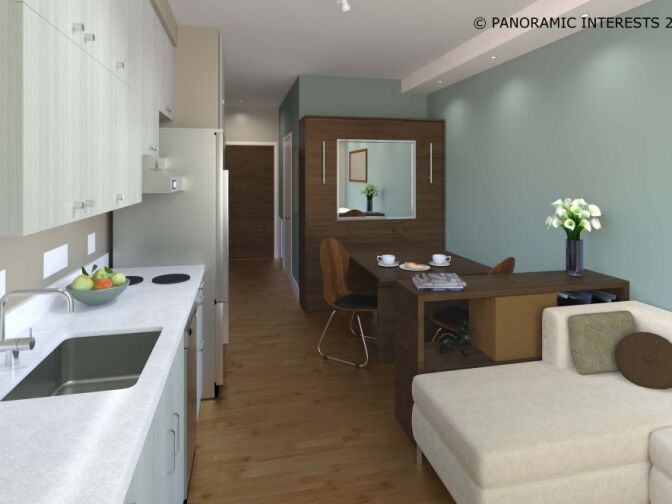 Rendering of the Smartspace Soma interior of queen room with bed hidden.