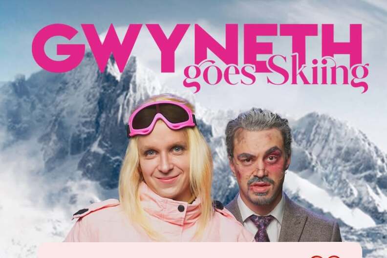 A digital poster for the stage show, "Gwyneth Goes Skiing." It features one actor with long blonde hair, a pink ski jacket, and pink goggles portraying Gwyneth Paltrow to the left. To the right is an actor with short, salt-pepper hair and wearing a suit. He's portraying the other party involved in Paltrow's skiing incident and subsequent lawsuit. The background is a snowy mountain.