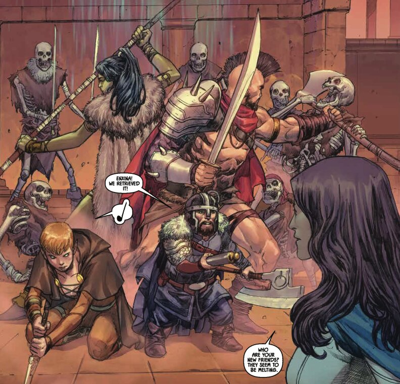 A group of fighters surrounded by skeletons, but seem to have the advantage; there is a woman off to one side. A dwarf in the center holds out a scroll to her and says "Enxina! We retrieved it!" She says "Who are your new friends? They seem to be melting." The group includes warrior Helm Greycastle, a dwarf, an elf, and a goblin/orc-looking woman with green skin.