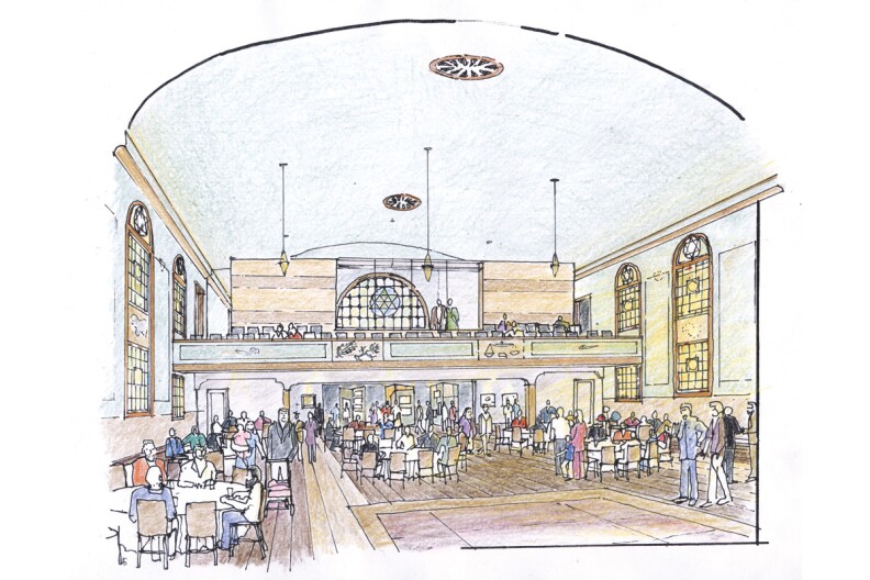 Artist rendering of the completed main sanctuary of Breed Street Shul shows grand stained glass windows and large meeting place with banquet tables.