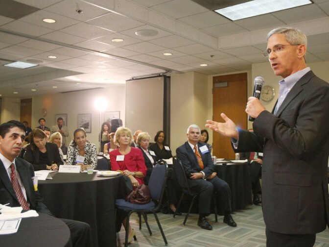 Republican gubernatorial candidate Steve Poizner speaks with business owners as part of the Los Angeles Area Chamber of Commerce's California Candidates Series on September 15, 2009 in Los Angeles, California.