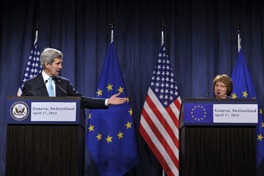 GENEVA, SWITZERLAND - APRIL 17:  US Secretary of State John Kerry and EU Foreign Policy Chief Catherine Ashton speak during a press conference at the Intercontinental hotel on April 17, 2014 in Geneva, Switzerland. Leaders from EU, US, Ukraine and Russia are meeting today in Geneva to deescalate the crisis in Ukraine and to find a political solution.  (Photo by Harold Cunningham/Getty Images)
