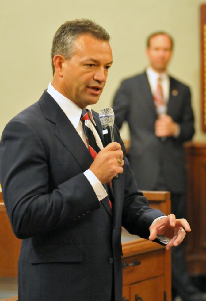 Pasadena's new police chief, Phillip Sanchez, addresses community leaders and news reporters June 15, 2010.