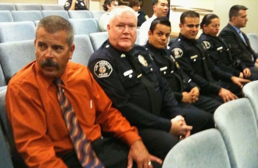 Los Angeles School Police officers before a recognition ceremony led by L.A. Unified Superintendent Ramon Cortines.