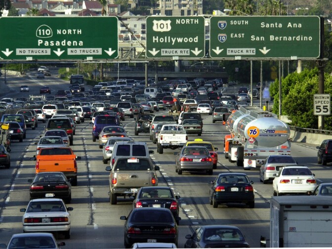 Traffic fills the 110 freeway during rush hour, May 7, 2001, in downtown Los Angeles, CA. The Texas Tranportation Institute annual report on congestion has declared that Angelenos have the worst traffic congestion of 68 urban areas, spending an average of 56 hours per year sitting in traffic. The national average of 36 hours has more than tripled since 1982.