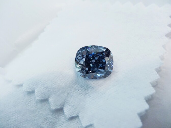 The Blue Moon Diamond, an internally flawless 12-carat diamond, will be on display at the Natural History Museum of Los Angeles County through Jan. 6, 2015. 