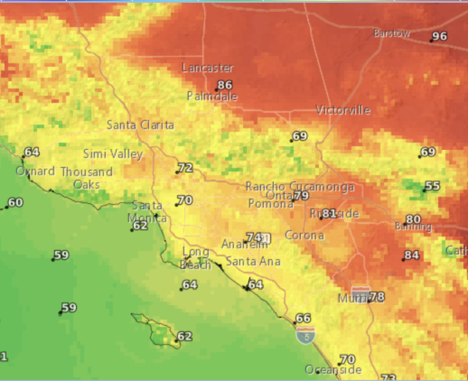 A map of Southern California is colored in shades of green, yellow and orange. It is superimposed with names of SoCal cities and numbers ranging from the high 50's to mid 80's, indicating daytime highs for the region.