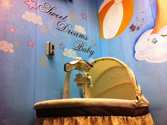 The late Miguel Leonard Padilla-Banks' bassinet. The mobile originally had three bears, but his mother took one to bury with him.
