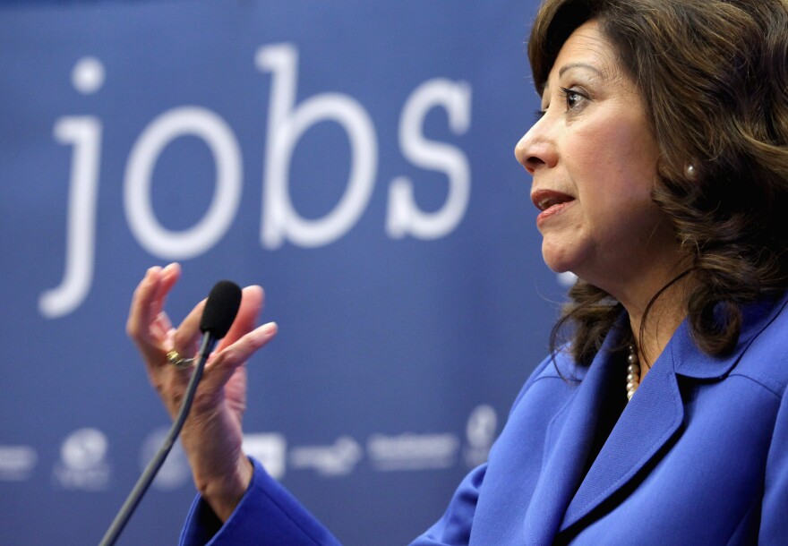 WASHINGTON, DC - OCTOBER 20:  U.S. Labor Secretary Hilda Solis speaks during a news conference to announce a partnership between Facebook, the National Association of Colleges and Employers, DirectEmployers Association and the National Association of State Workforce Agencies aimed at connecting Americans with jobs October 20, 2011 in Washington, DC. "By leveraging the power of the social Web, this initiative will provide immediate, meaningful and ready-to-use information for job seekers and employers," Solis said.  (Photo by Chip Somodevilla/Getty Images)