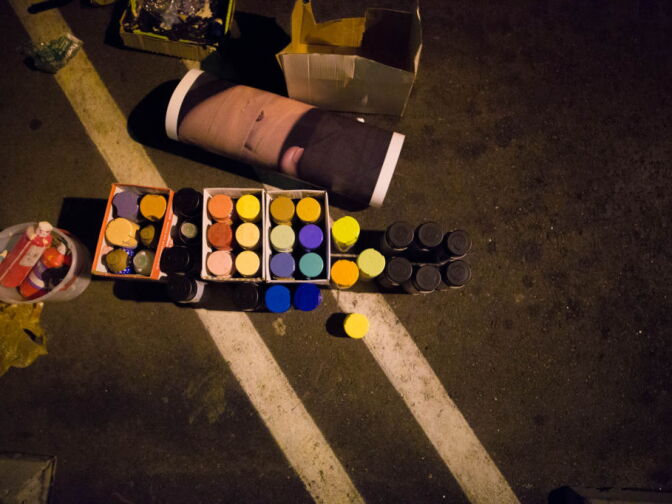 Graffiti Artist Edward Mompeller's palette of paints.