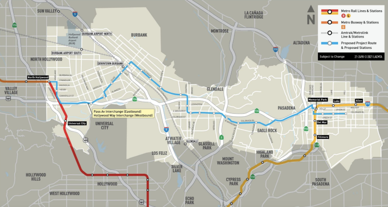 A map shows the communities of North Hollywood to the west and Pasadena to the east, with the travel corridor area between the two lightened and the proposed rapid bus route in blue.