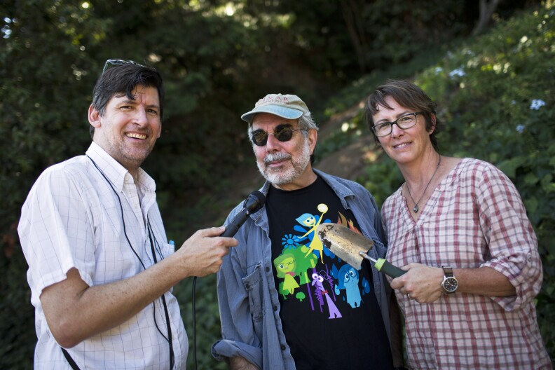 Off-Ramp host John Rabe interviews animation expert Charles Solomon and Theodore Payne Foundation director Madena Asbell in Soloman's home garden on Tuesday morning, Sept. 8, 2015.