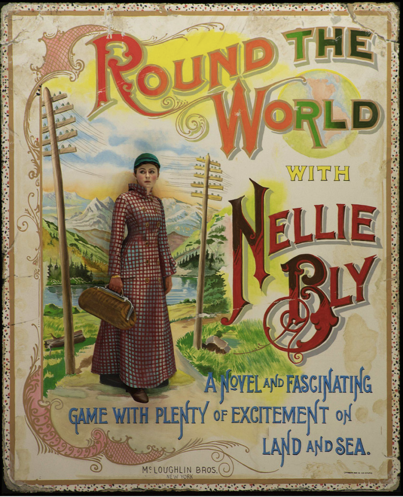A real woman poses in a poster of Round the World with Nellie Bly poster.