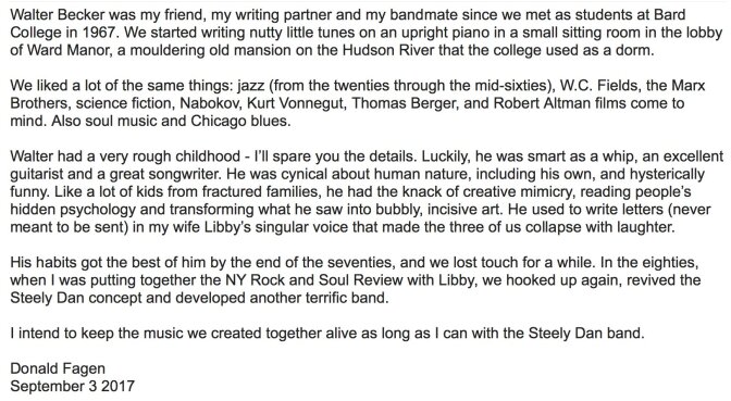 Donald Fagen's statement about his Steely Dan bandmate Walter Becker's death.
