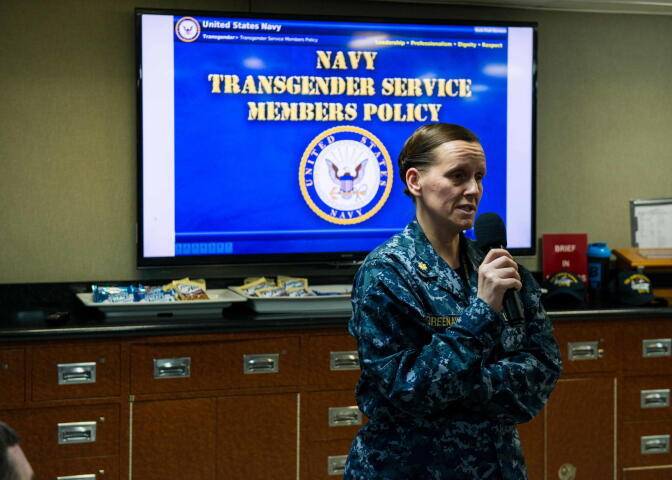 Lt. Cmdr. Valerie Greenaway conducts a Navy training session in December 2016, when an Obama-era policy allowed transgender service members to serve openly. Now, President Trump has ordered a ban on transgender recruits. 