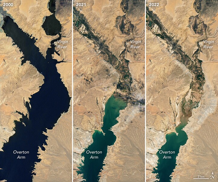 Water levels on the Overton Arm of Lake Mead from left to right in 2000, 2021 and 2021 show startlingly less of water over time