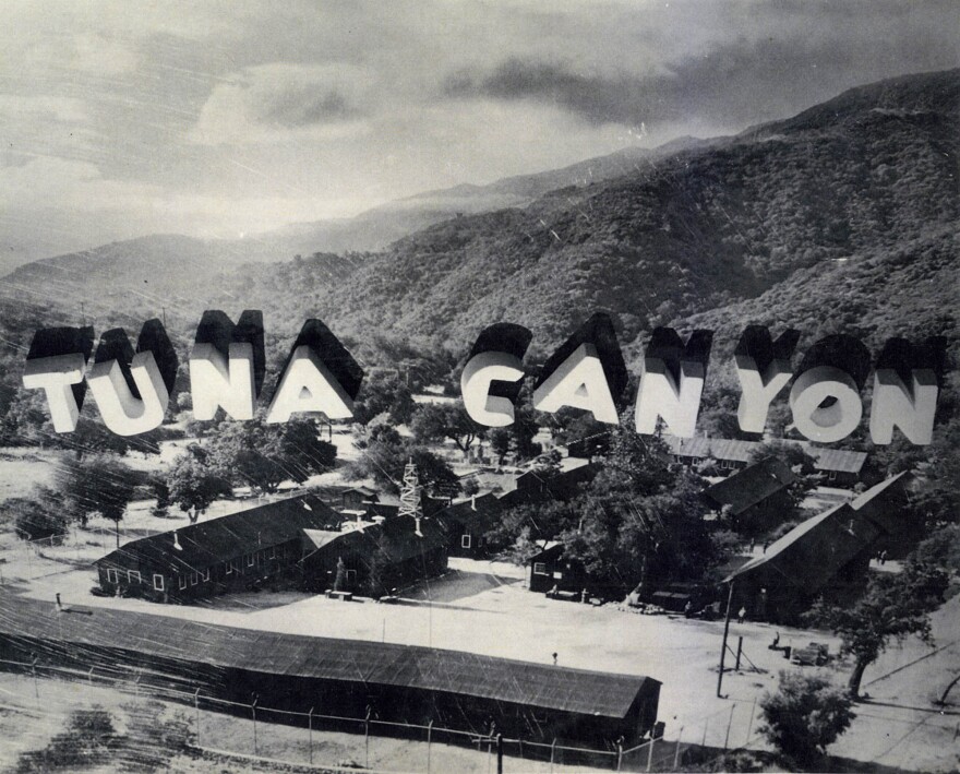 A stylized aerial view of the Tuna Canyon Detention Station. More than 1,000 people of Japanese descent were held at the Tuna Canyon Detention Station, before transferred to longer-stay camps further inland or out-of-state.