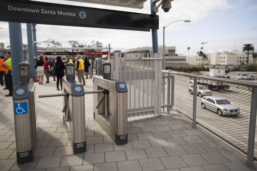 Members of the Metro board of directors take a sneak peek ride from the Culver City to Downtown Santa Monica Stations on the new Expo Line extension on Monday morning, May 9, 2016. The line opens to the public on May 20.