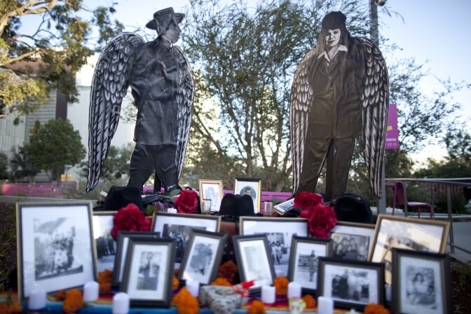This Dia de Los Muertos alter in Grand Park titled "Los Angeles de Pueblo" pays tribute to the rise of Chicano identity.