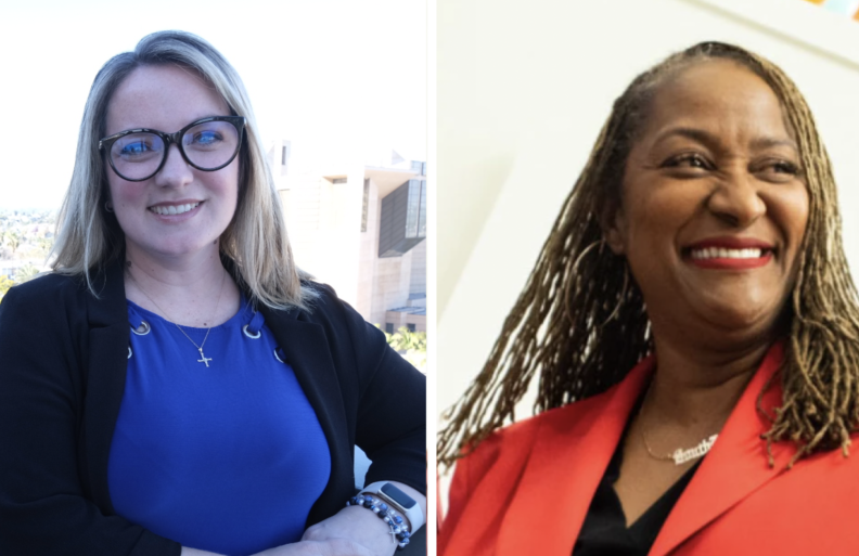 At left, a woman with light-tone skin and blonde hair wears glasses, a blue shirt and a cross necklace. At right, a woman with dark-tone skin and braids has a red jacket.