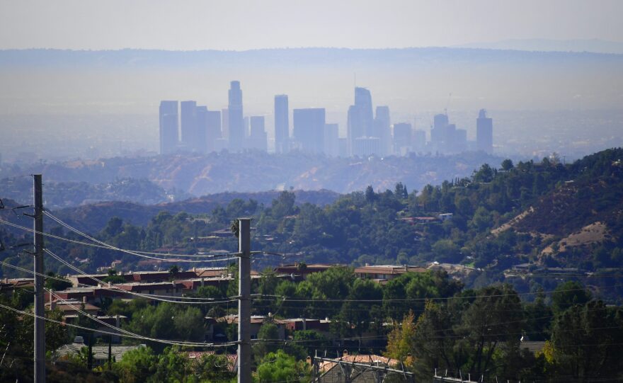 A layer of pollution can be seen hovering over Los Angeles, California on October 17, 2017, where even though air quality has improved in recent decades, smog levels remain among the nations's worst, with wildfires in the region also contributing to poor air quality.