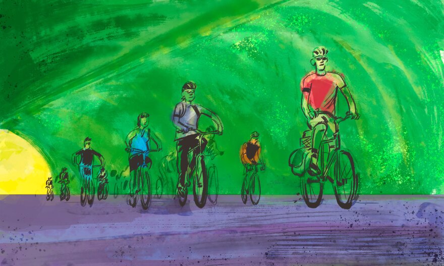 An illustration of people riding bikes through a green tunnel.