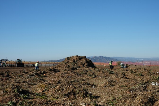 A wide shot of piles of green waste on top of a mountain landfill under sunny blue skies. 