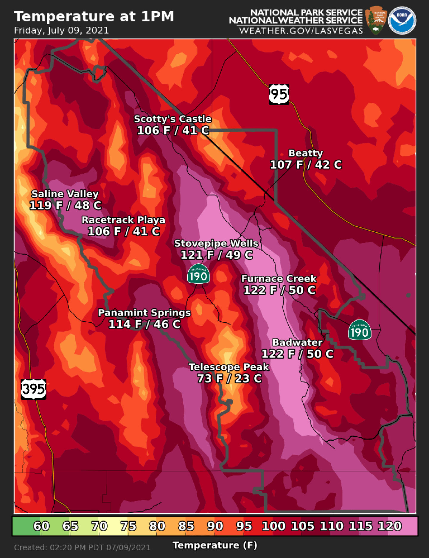 A graphical map of Death Valley shows shocking red, orange and purple areas indicating extreme heat.
