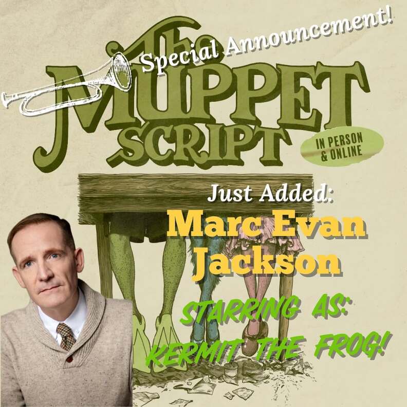 A poster for "The Muppet Script" show featuring actor Marc Evan Jackson. A desk in the middle of the poster featuring the legs of various muppets.