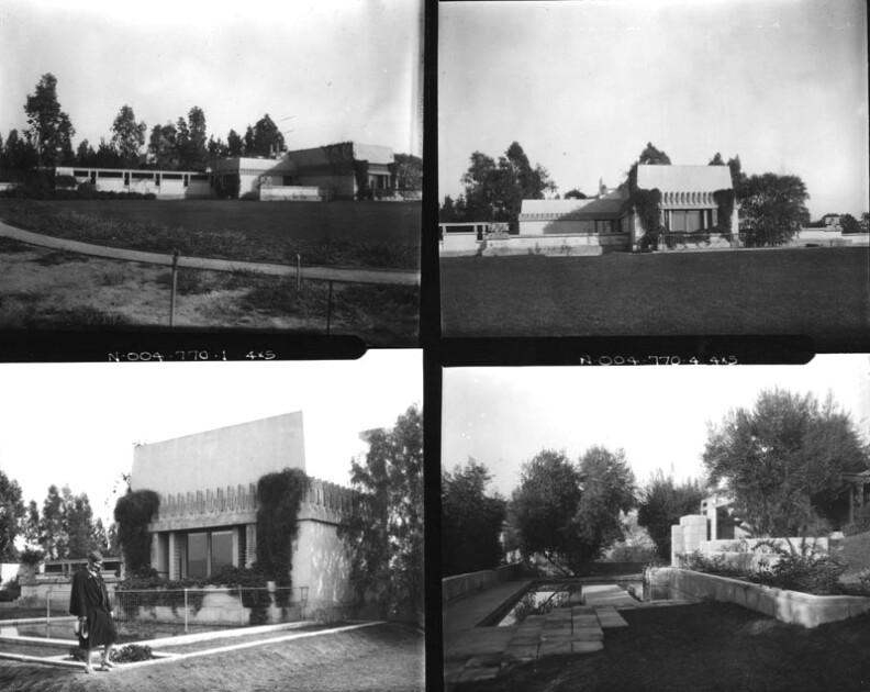 Four different views of Hollyhock House, at 4808 Hollywood Boulevard. View 1: View of Aline Barnsdall standing next to the pond at the front of Hollyhock House. View 2: Exterior view of front of Hollyhock House. View 3: Exterior view of Hollyhock House and the surrounding grounds. View 4: Shows Schindler's terrace at Hollyhock House. 