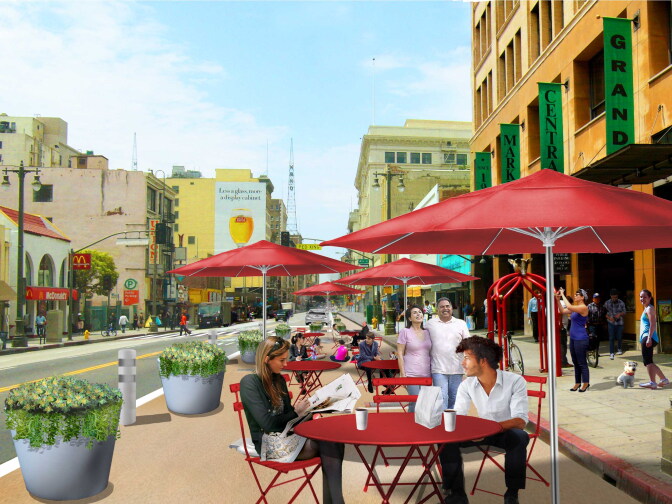 An artist's illustration shows how the west side of Broadway will look with one lane blocked from traffic and reserved for pedestrians and parking.