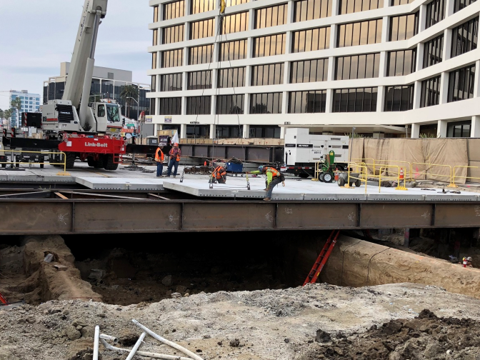 January 2018: Construction continues on the Purple Line subway down Wilshire Boulevard at La Cienega.