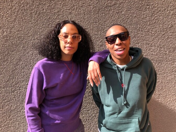 "Queen & Slim" director-producer Melina Matsoukas and writer-producer Lena Waithe at KPCC after taping an episode of The Frame with John Horn.