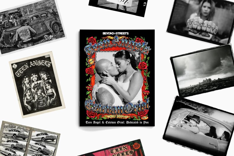 Several black and white photos scattered against a white background. In the center is a photo of a couple kissing, with the phot framed by red roses and chrome text that reads "Teen Angels" on top and "Estevan Oriol" on the bottom.