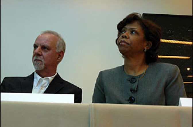 LA Times muckraker Steve Lopez and Jennifer Ayers Moore, Nathaniel's sister, at the California Endowment Wednesday, where the Nathaniel Anthony Ayers Foundation was announced.