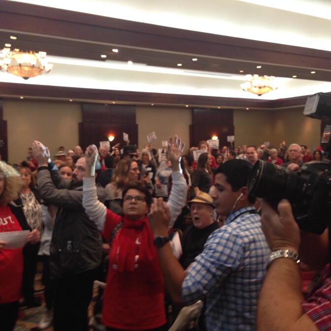 Patricia Larcara, a 28-year resident of Porter Ranch is among audience members at a public meeting who were calling for the permanent closure of Southern California Gas Company's Aliso Canyon natural gas storage field.
