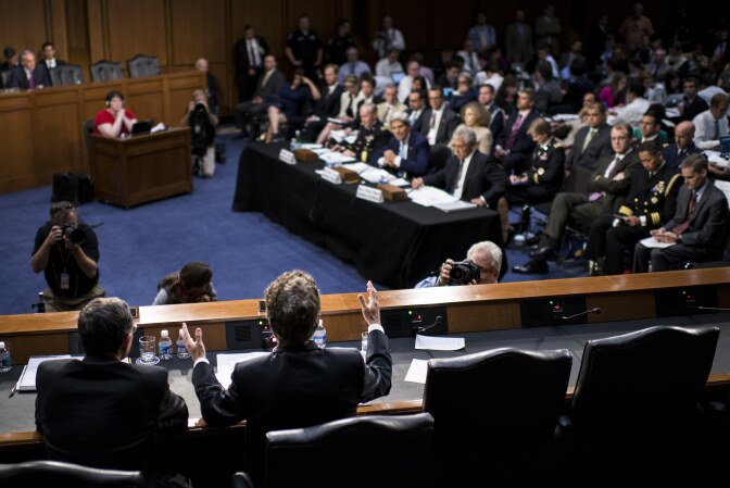 Senator Rand Paul (R-KY) asks questions during a hearing of the Senate Foreign Relations Committee on Capitol Hill September 3, 2013 in Washington, DC, on congressional authorization for the use of military force in Syria. 