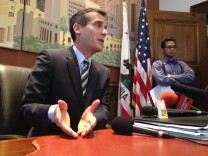 Eric Garcetti speaking with reporters about requiring general managers to reapply for their jobs. July 9, 2013.