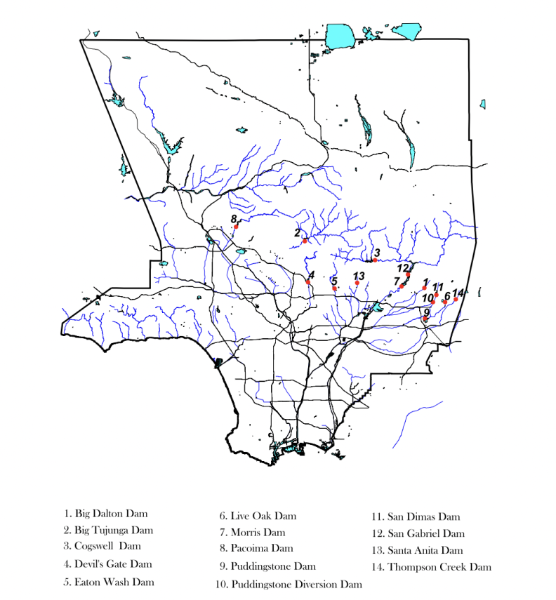 A map of L.A. County shows the location of 14 dams.