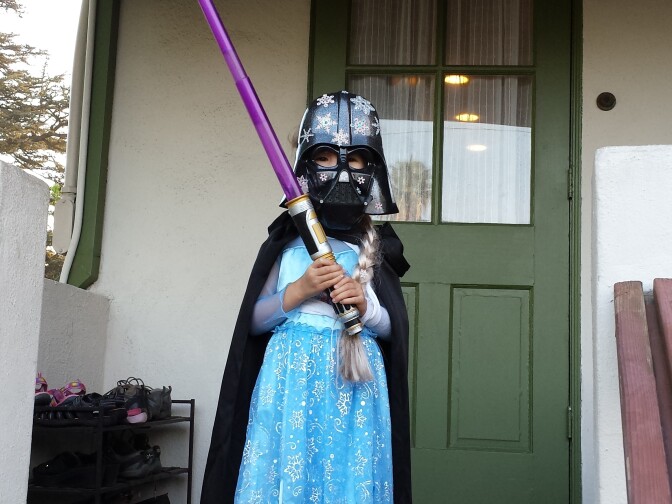 KPCC reporter Jed Kim's niece is Darth Elsa for Halloween this year, blending popular male and female characters. 