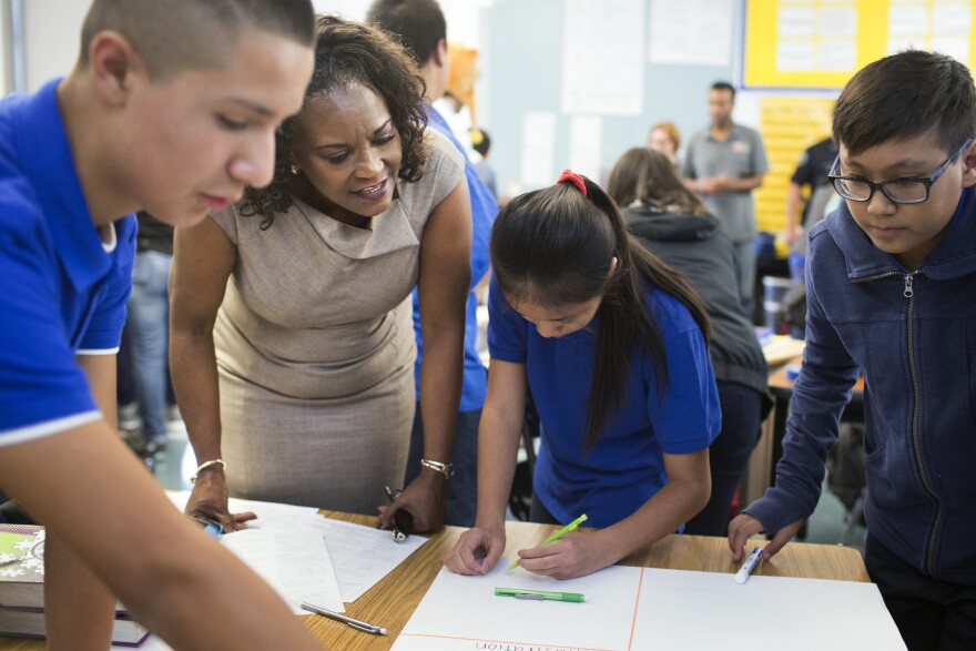 LAUSD Superintendent Michelle King visits an eighth grade accelerated math class at Luther Burbank Middle School on Tuesday, Aug. 16, 2016 during the first day of instruction.