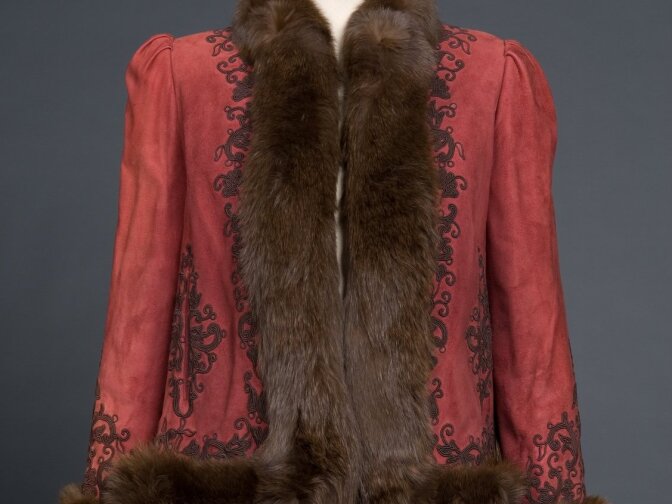 Evening Jacket, Oscar de la Renta, c. 1983. Suede, fox fur and cotton cord. 