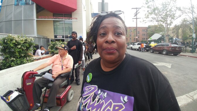 Sherry Wright, a long-time resident of Skid Row stands in line outside the James M. Wood Community Center on Thursday April 6, 2017. 