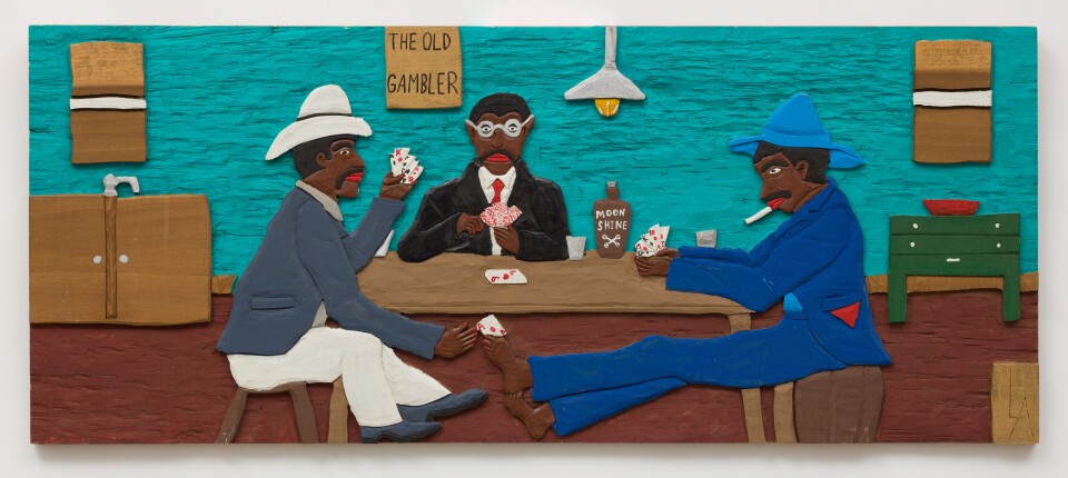 "The Old Gambler" (Leroy Almon, painted bas-relief wood carving, 15x36x0.75", 1993)