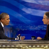 US President Barack Obama (L) tapes an interview for the satirical television show "Daily Show" with Jon Stewart (R) at the Harman Center for the Arts in Washington, DC, October 26, 2010. Obama is the first sitting president to appear on the program hosted by Stewart, whose nightly skewerings of political hypocrisy and US media shortcomings have endeared him to young Democrats.        AFP PHOTO/Jim WATSON (Photo credit should read JIM WATSON/AFP/Getty Images)
