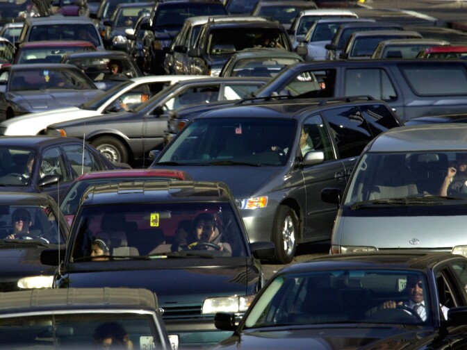 File: Traffic jams up trying to enter the 110 freeway, May 7, 2001, in downtown Los Angeles.