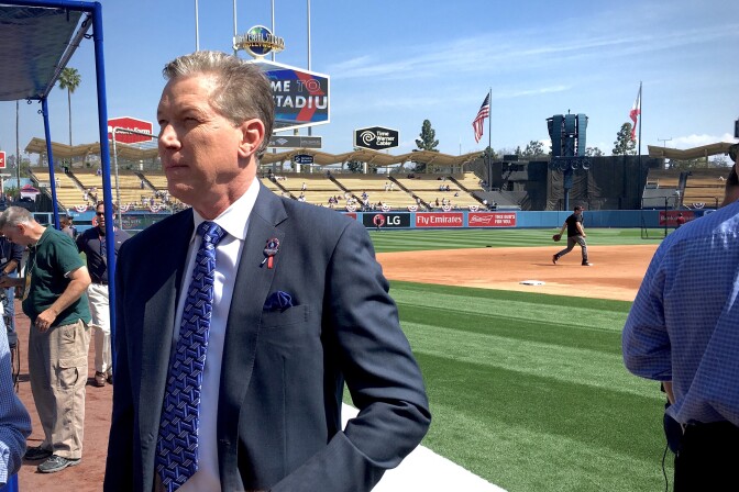 Orel Hershiser at the Dodgers home opener on April 12, 2016.