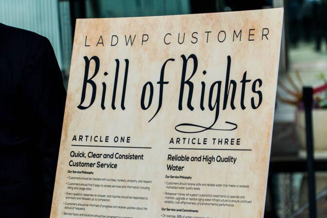 A display of the Los Angeles Department of Water and Power's Customer Bill of Rights. At a press conference Tuesday, Mayor Eric Garcetti said the department would "double down" on improving the department's customer service. 